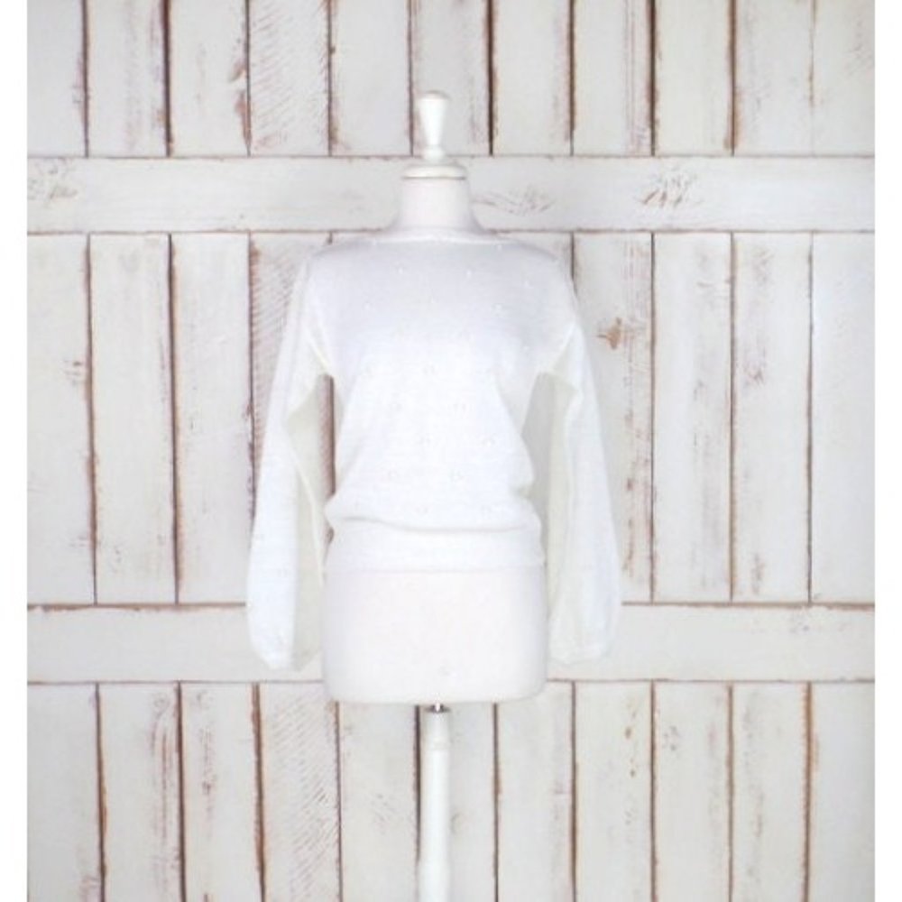 White crochet beaded pullover slouchy knit sweater off white cropped eyelet